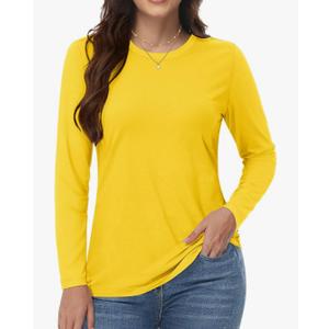 Women's Cotton Long Sleeve Shirts Crew Neck T-Shirts Soft Casual Breathable Tees Basic Tops Size Yellow M