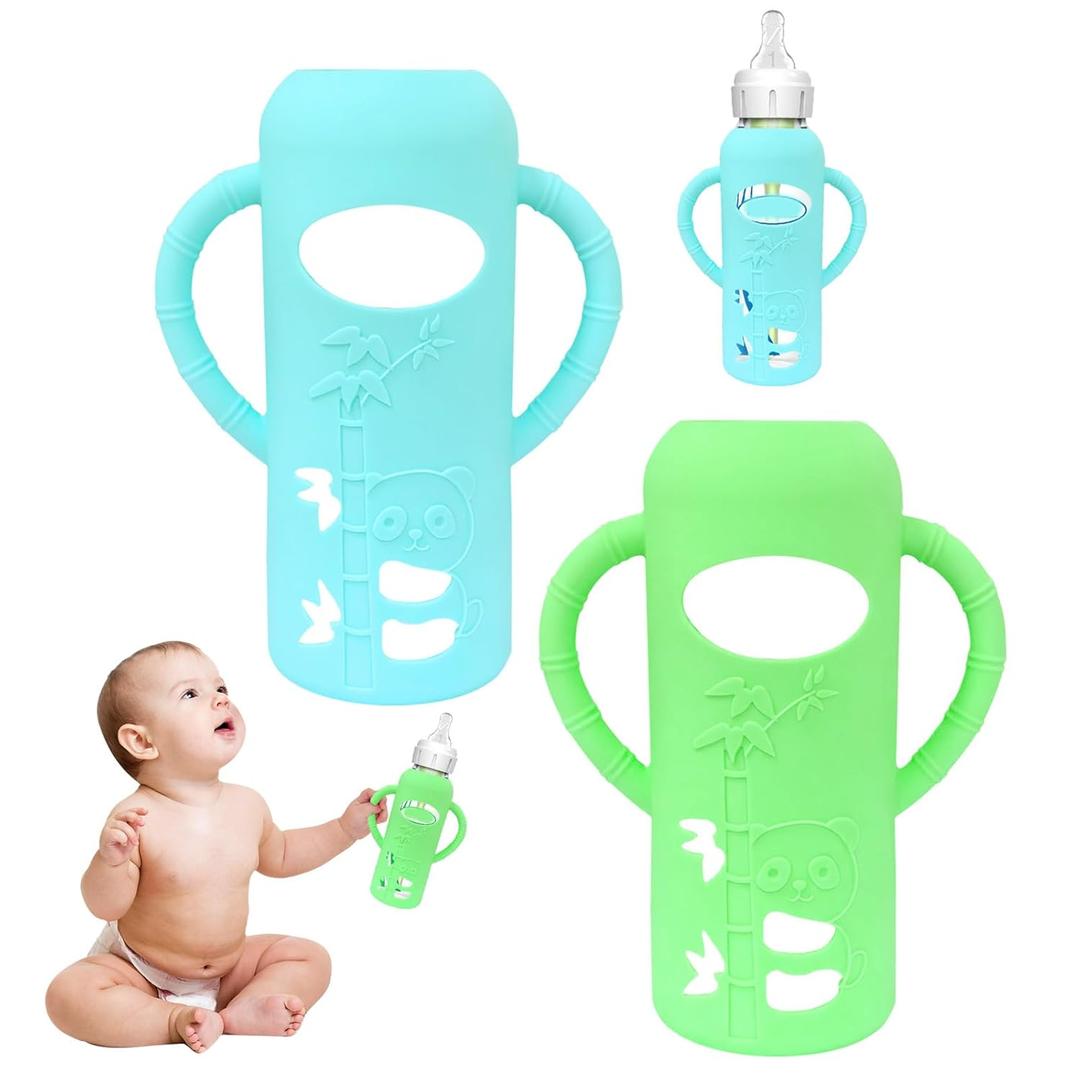 2pack Baby Bottle Handles Compatible with Dr Brown's Glass Bottles, Baby Bottle Holder Hands Free Cultivate Baby's Sense of Independent Eating and Add Fun to Eating (8 Ounce, Green+Cyan)