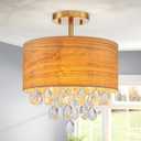 3-Light Drum Wood & K9 Crystal Ceiling Lights, Farmhouse Style Semi-Flushmount Light Fixture for Dining Room, Living Room & Bedroom, D12 * H14 inch, Solid Wood Lampshade & Gold Finish
