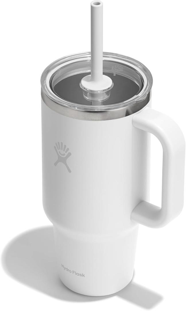 Hydro Flask Travel Tumbler with Handle, Clear Lid and Straw - Insulated Stainless Steel (32 Ounces, White)