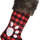 Christmas Stocking 2025 Ornaments, Handmade Dog Footprints Pattern Sock with Faux Fur, Xmas Winter Party Decorations Gifts, Santa Plush Decor, 20 inch, Red