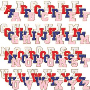 104 Pcs Wedding Iron on Letters Patches Chenille A-Z Repair Alphabet Applique Patches Bride Embroidered Letter Sew on with Gold Border for Bags Shirts(2.36'',Bright Color)