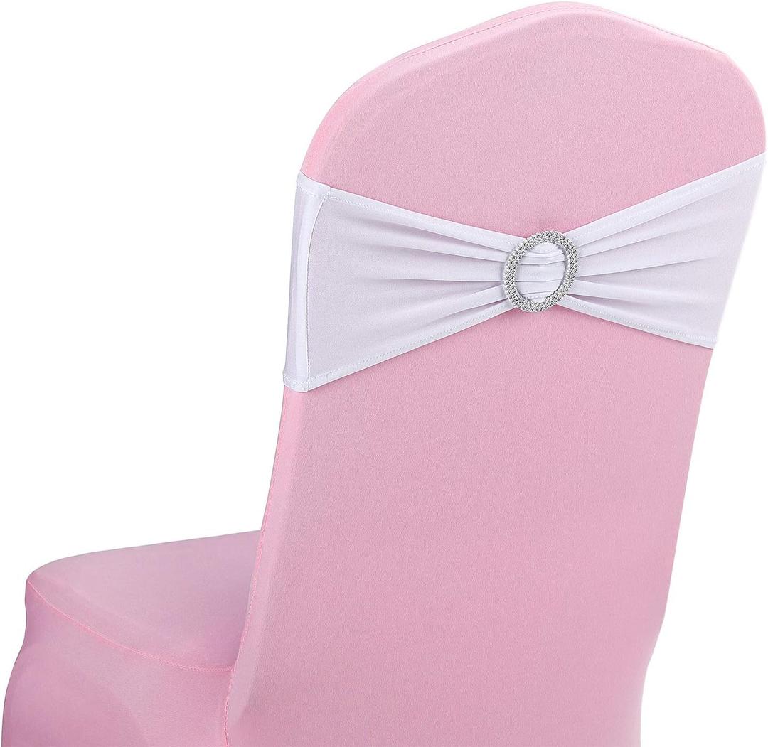 Peomeise 50pcs White Spandex Chair Sashes with Buckle Slider for Wedding, Party Decoration