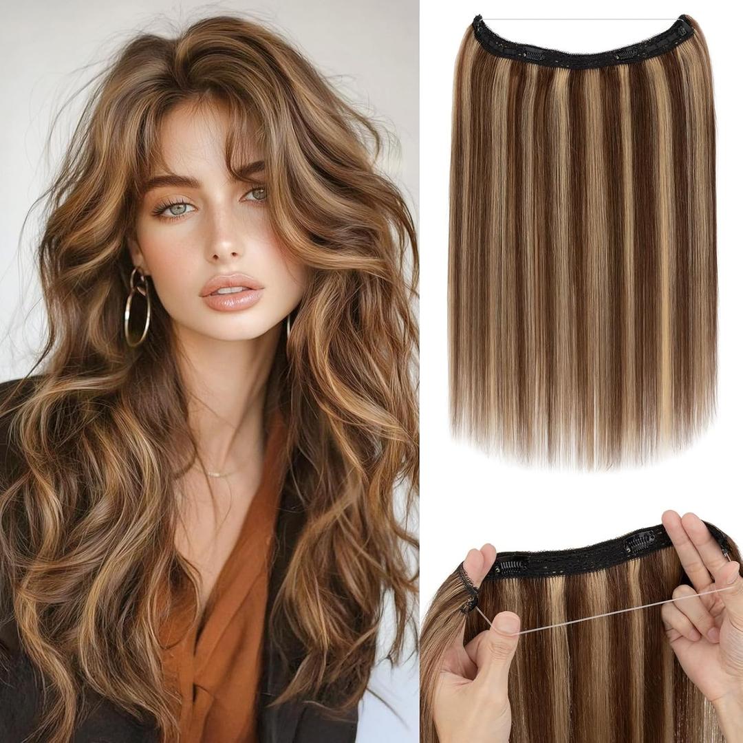 Halo Hair Extensions,Prokyvity Halo Hair Extensions Real Human Hair,Invisible Adjustable Wire Extensions for Seamless Blending 16 inch/65g Medium Brown Streaked with Dark Blonde