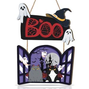 Halloween Door Decoration,Halloween Black Cat Door Sign,Bats Black Cat Wall Decor,Haunted House Wall Hanging Ghost,Spider Web Boo Ghost Wall Plaque for Outdoor Indoor Porch Yard Home Party