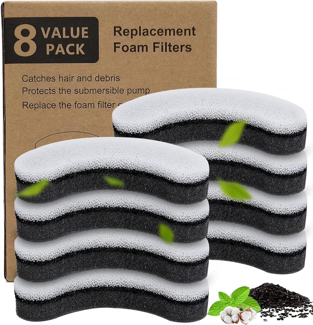 Cat Water Fountain Filters,Arc-Shaped Sponge Activated Carbon Cat Fountain Filter Replacement Filters Compatible WF050 & WF100 Automatic Pet Water Fountain(8 Pack)