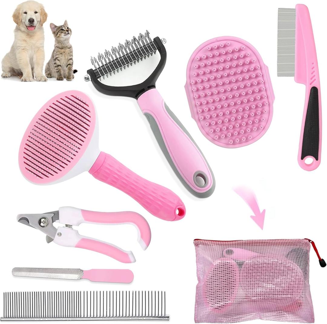 Dog Brush Dog Grooming Kit 7PCS Dog Brush for Shedding-Dog Brushes for Grooming, Dematting Comb for Dogs, Cat & Dog Nail Clipper with Nail File, Flea Comb, Pet Comb, Dog Bath Brush-Pink