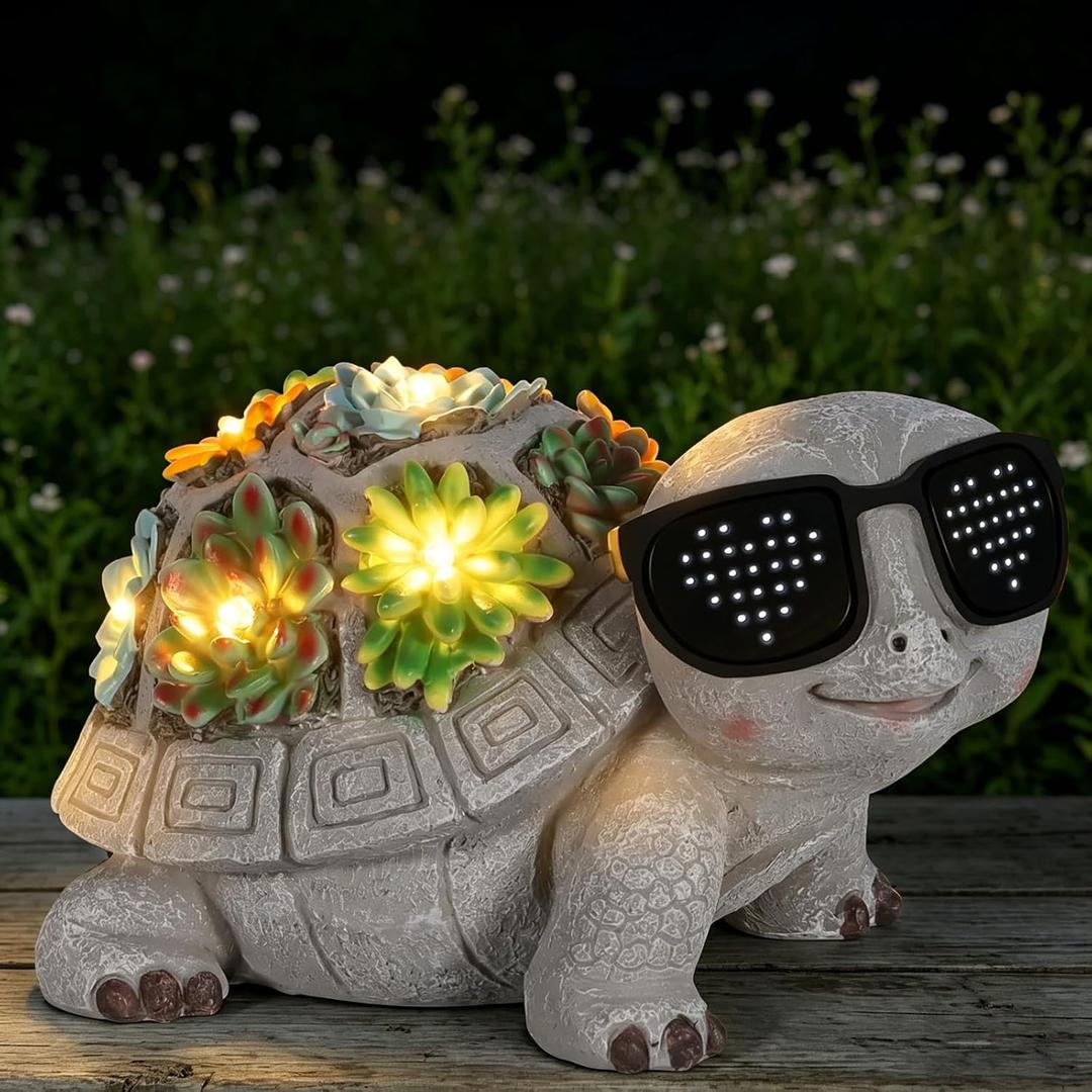 Cool Solar Garden Turtle Statue with I Love You LED Sunglasses and Succulent LED Lights, Lawn Decor Tortoise Figurine for Patio, Balcony Yard Ornament for Mom, Women & Grandma
