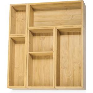 5 Pack Bamboo Drawer Organizer Set, Multi-Use Junk Drawer Organizer for Bathroom, Kitchen, Office, Jewelry, Makeup