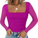 Chunpin Women's Square Neck Mesh Short Sleeve Bodysuit Outfits Tops Sexy Thong Bodysuit (Small, D-hot Pink Long Sleeve)