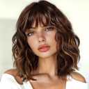 ENTRANCED STYLES Brown Highlight Wig with Bangs for Women Short Wavy Curly Brown Bob Wigs Medium Length 14 inch Synthetic Hair for Daily Party Use (Brown Mix Blonde)