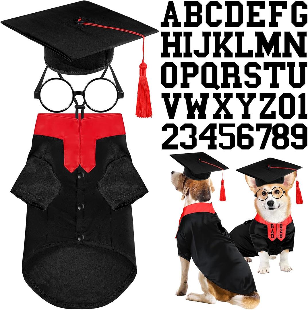 Huhumy 5 Pcs Dog Graduation Costume Set Include 2026 Pet Graduation Gown with Stole Puppy Grad Cap Lensless Glasses DIY Letter Stickers for Dogs Cats Holiday Costume Accessory(Black Red,L)