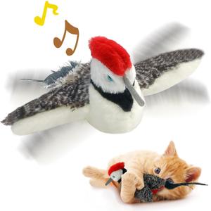 Cat Toys, Flapping Wings Woodpecker, No Flying, Chirping Bird Interactive Catnip Toy for Kitten or Small Dogs, Touch Activated, Rechargeable, 3 Modes