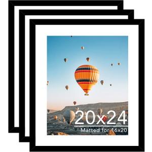 JCJMY 20x24 Picture Frame with 16x20 Mat Set of 3, Display Photo 16x20 with Mat or 20 x 24 Without Mat, Wall Hanging Large 20 by 24 Poster Frame with Plexiglass, 3 Pack, Black