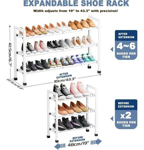 Mavivegue 3-Tier 19"-43.3" Adjustable Shoe Rack for Closet,Expandable Shoe Rack, Hall Entryway,Front Door,Garage, Sturdy Steel Space-Saving Rack, White