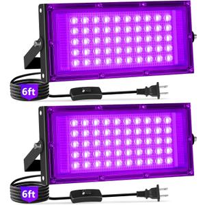 50W Black Lights with Switch+Plug, IP66 Waterproof, LED Blacklight Flood Light for Glow Party, Halloween, Bedroom, Poster, Body Paint, 2 Pack