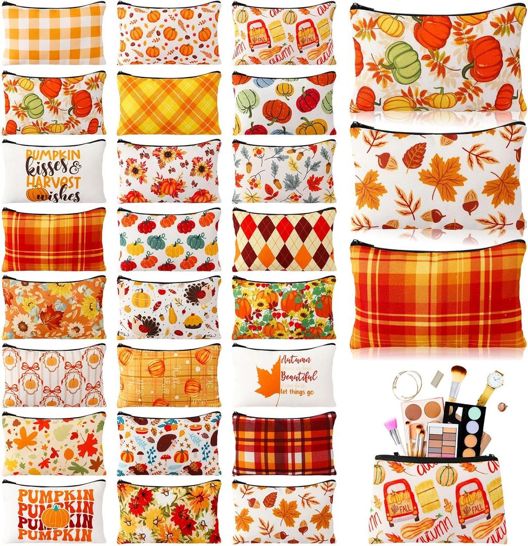 Meanplan 24 Pcs Fall Cosmetic Bags Thanksgiving Makeup Bags Pumpkin Autumn Leaves Sunflower Elements Travel Toiletry Pouch With Zipper for Thanksgiving Day Birthday Party Favor (Light Color)
