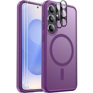 Ezanmull for Samsung Galaxy S25 Case Magnetic Shockproof, [Fit for MagSafe] [Glass Screen Protector + Camera Lens Protector] Translucent Anti-Fingerprint Case for Samsung Galaxy S25 6.2" (Purple)
