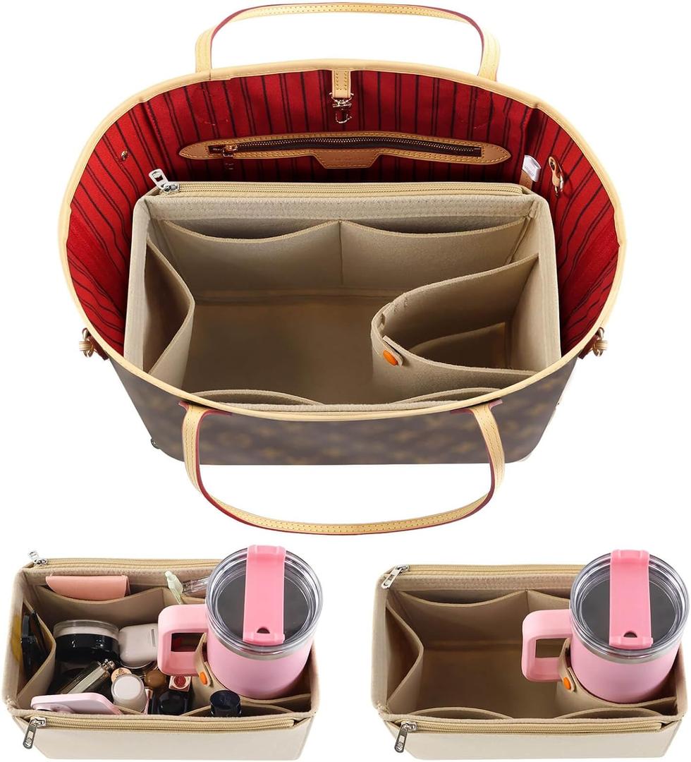 Tote Bag Purse Organizer Insert Pouches Fit for Neverful MM, Beige Handbag Organizer with Water Bottle Holder Compatible with Stanley Cup, Purse Accessories Must Haves Gifts for Women, Large