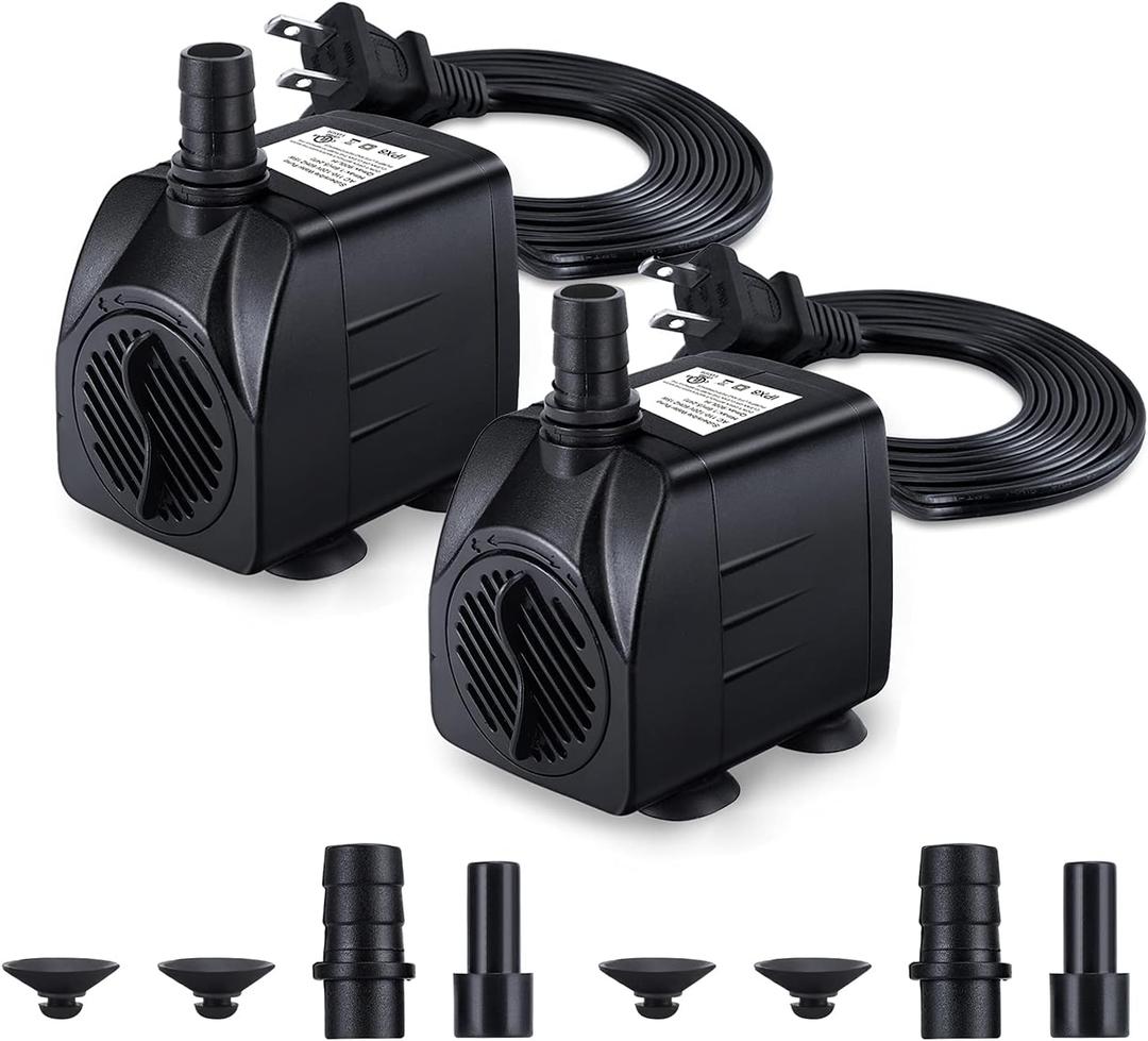 Fountain Pump, 2 Packs 220GPH(15W 900L/H) Submersible Water Pump, Durable Outdoor Fountain Water Pump with 7.2ft2.2m Power Cord, 3 Nozzles for Aquarium, Pond, Fish Tank, Water Fountain Pump