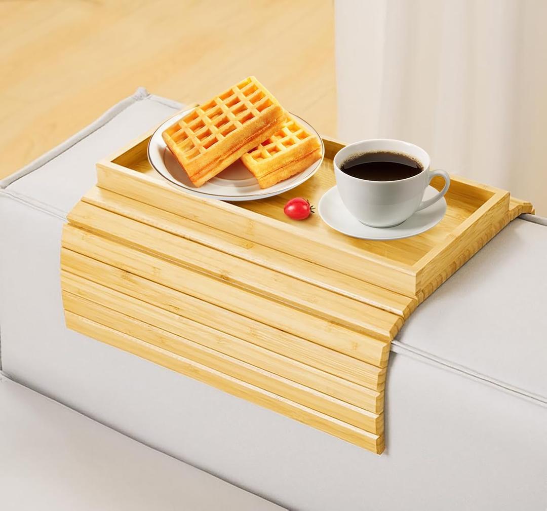Bamboo Foldable Sofa Armrest Tray - Anti-Dropping Couch Arm Table for Phone, Cups, Snacks, Drinks - Flexible and Foldable - Gift for Housewarming, Birthday