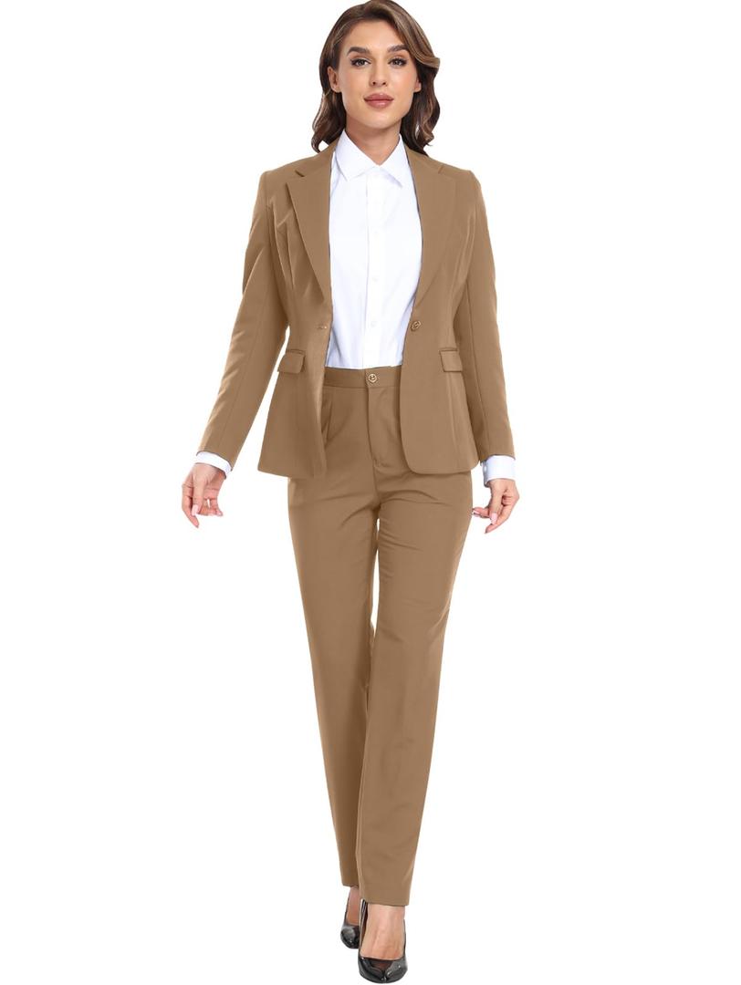 Women Suits 2 Piece Set Slim Fit Suiting Lady Formal Khaki Jacket Outfit Business Office One Button Blazer Pant for Work-S
