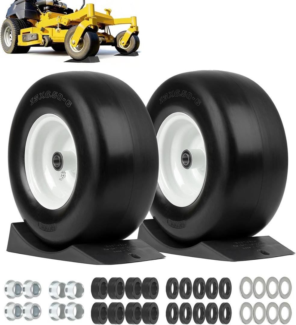 13x6.50-6 Flat Free Lawn Mower Tire and Wheel, Comes with Saver Ramp, 3/4" or 5/8" or 1/2" Bearing Bore, 3"-3.5"-4"-4.5"-5" Centered Hub, Smooth Tread Tire for Zero Turn Mowers, 2 Pcs