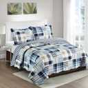 Brilliant Sunshine Blue Plaids and Stripes Patchwork, 3-Piece Quilt Set with 2 Shams, Reversible Bedspread, Soft Lightweight Coverlet, All-Season, Full/Queen, Blue