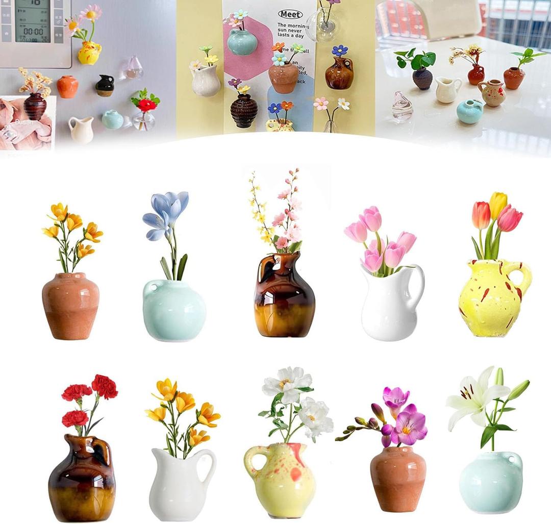 Mini Ceramic Vase Magnets for Fridge, Mini Ceramic Vase Refrigerator Magnets, 3D Vase Magnets for Kitchen, Office Decoration (10)