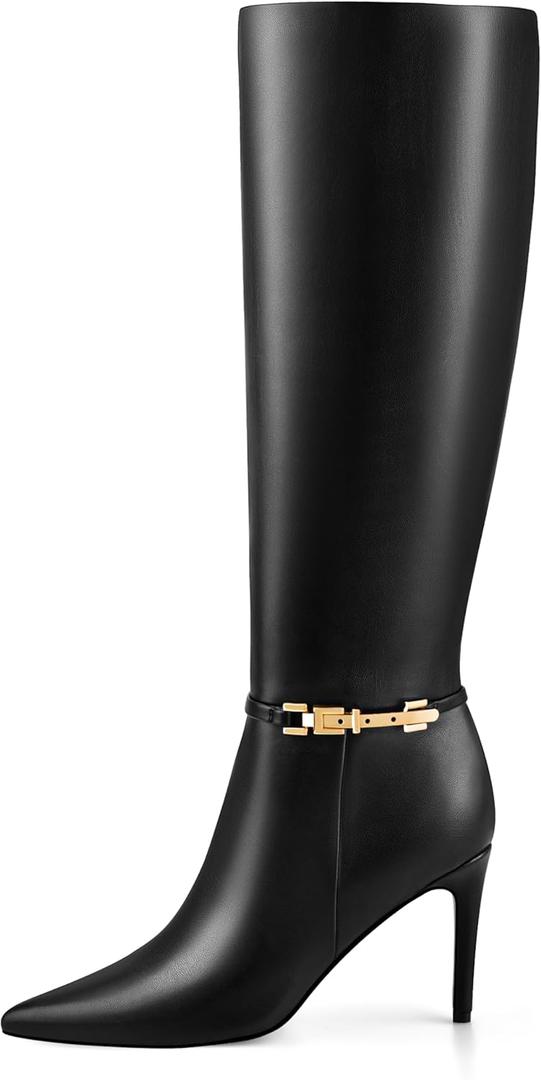 Adrizzlein Knee High Boots Women Pointed Toe Stiletto Tall Boots Sexy High Heel Long Boots Fashion Dress Shoes With Side Zipper (7.5, Black)