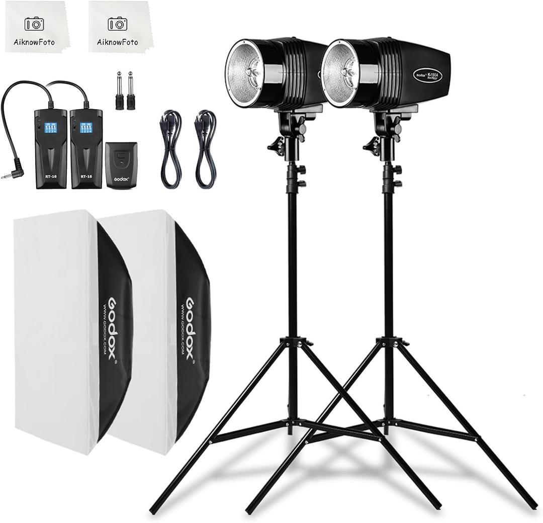Godox Professional Studio Flash Kit for Photography, Strobe Lights Softbox Lighting Kit, 2x180W 5600K Compact Monolights with Flash Trigger, Softbox, Light Stands