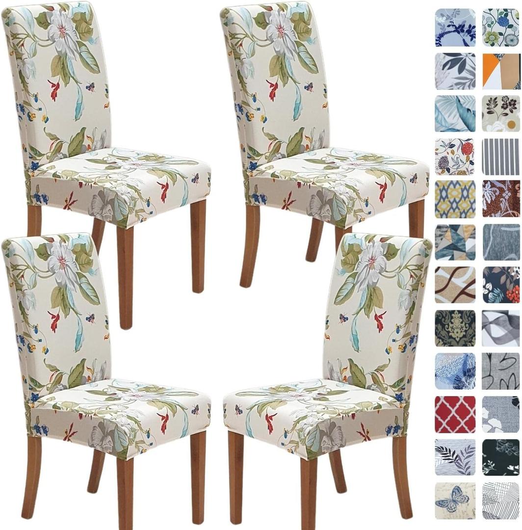 SPRINGRICO Chair Covers for Dining Room Set of 4, Stretch Dining Chair Cover, Washable Spandex Kitchen Parsons Chair Slipcovers, Green Chair Covers for Home or Party (4pack,Green Garden)