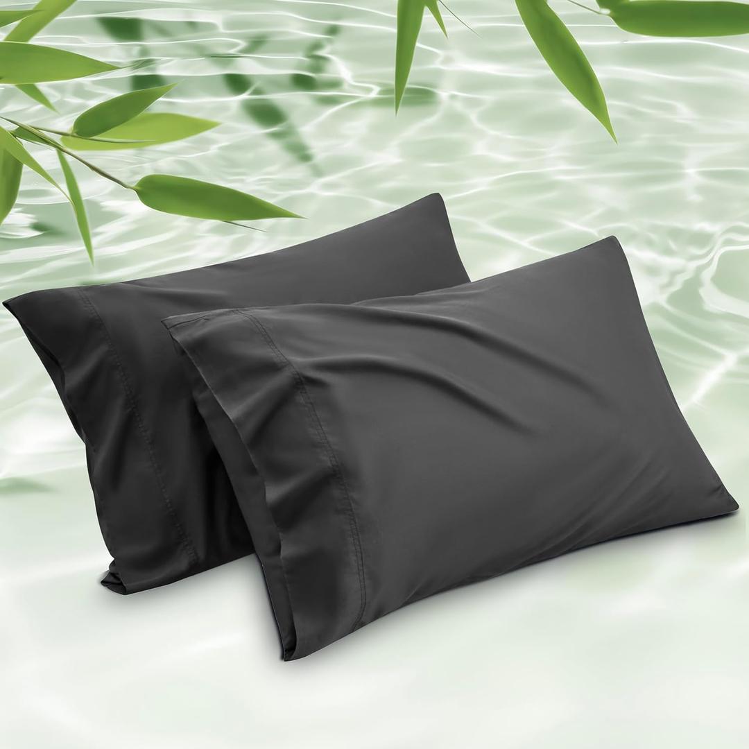 Bedsure King Size Pillow Cases Set of 2, Cooling Pillow Cases King, Rayon Derived from Bamboo Black Pillowcases, PureWoven Silky Soft Cool Bedding Pillow Covers with Envelope Closure, 20x36 Inches