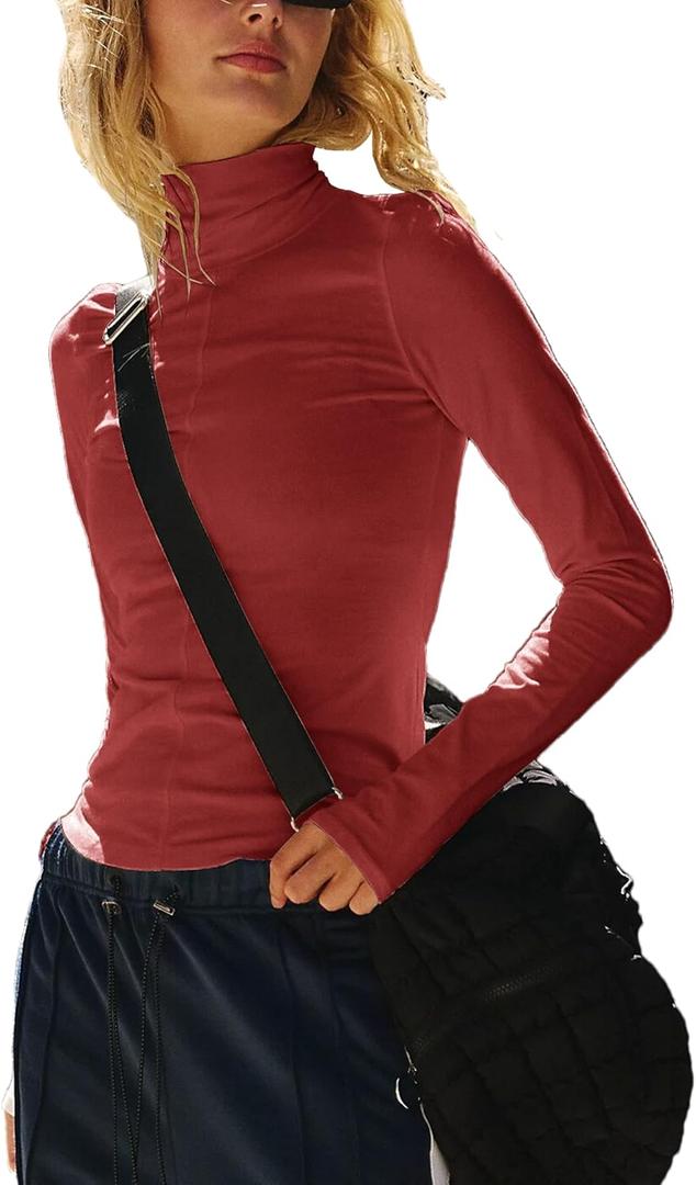 Womens Long Sleeve Turtleneck Shirt Crop Basic Tops Slim Fitted Top Going Out Y2K T Shirts (Red, S)