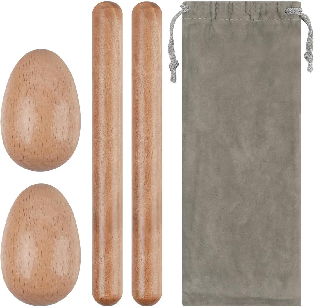 Wood Percussion Instruments, 1 Pair 8 Inches Rhythm Stick Mallets, 1 Pair Wooden Egg Shakers and 1 Storage Bag for Easter Party or Christmas Stocking Stuffers Gifts Musical Instrument
