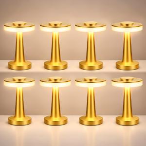 Riakrum 8 Pcs Gold LED Portable Cordless Table Lamp Bulk with Touch Sensor 3 Color Stepless Dimming Rechargeable Battery up to 15 Hours Cordless Table Light Wireless Lamp Wedding Home