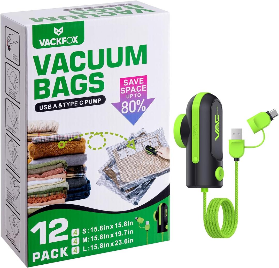 12 Pack Vacuum Bags for Travel with USB & TYPE C Pump,Compression Packing Cubes for Luggage,Carry-on Space Saver Vacuum Seal Bags&Vacuum Storage Bags for Vacation(Green)