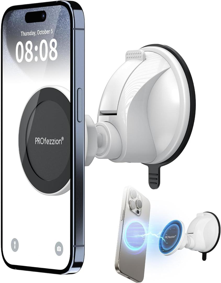 PROfezzion Magnetic Shower Mirror Phone Holder Reusable Suction Cup Phone Mount Compatible with iPhone 17 16 15 14 13 12 & All Phones, Rotating Stand for Glass Window Bathroom Kitchen, White