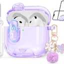 Clear Case for AirPods 4 Case Cover with Safety Lock,Soft TPU Cover with Phone Stand & Cleaning Kit,Cute Bling Keychain for Women Girls-Clear Purple