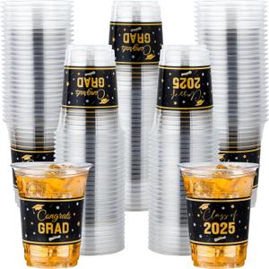 50 PCS Graduation Plastic Cups Class of 2025 Graduation Party Cup 16 oz Congrats Grad Disposable Clear Cups Black and Gold Plastic Drinking Cup for Graduated Grad Festivities Party Supplies