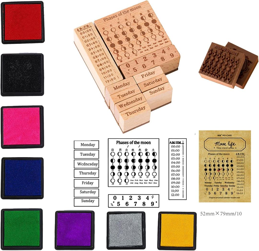 Wooden Rubber Stamp and Ink Pad Set 10Stamps 8 Ink Pads,18 Pieces Total for DIY Card Making,Crafts Party Decor Scrapbooking Cards Making