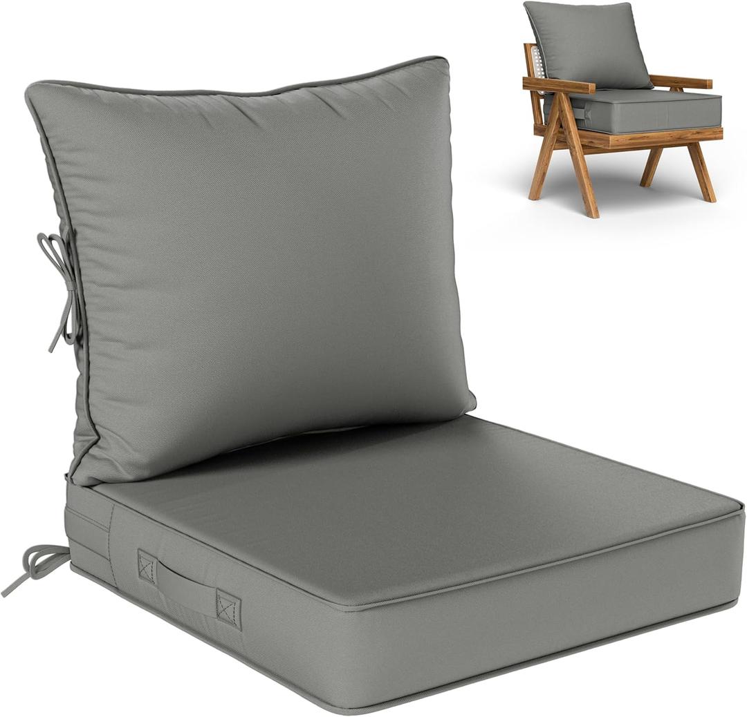 Outdoor Seat Cushion Set 22 L 22 W 4 H Inch Waterproof & Fade Resistant Patio Furniture Cushions with Removable Cover with Handle and Straps for Sofa Chairs, Chairs, Light Grey