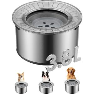 Heouvo 1 Gallon Large Dog Water Bowl No Spill,Anti Digging Lid & Rubber Bottom Spill Proof Dog Bowl, Anti Splash Mess Dripless Slow Drinking Stainless Steel Water for Sloppy Messy Drinkers Car