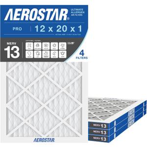 Aerostar Air Filter 12x20x1 MERV 13 AC Filter, HVAC, Furnace Filter, 4 Pack | ACTUAL SIZE (11.75 x 19.75 x 0.75 ) AC Filter, Furnace Filter, Allergies, Dust, Pet Dander & Smoke MERV 13 (MPR 1500)