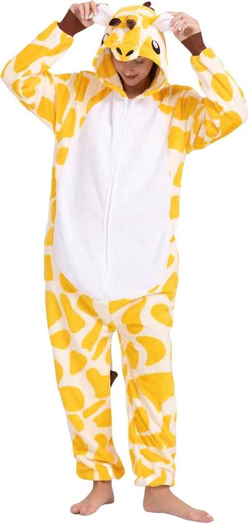Unisex Adult Animal Onesie Pajamas, Men Women Flannel Halloween Cosplay Costume (XL, Giraffe)