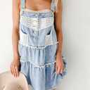 chouyatou Women's Summer Distressed Short Denim Overall Dress Adjustable Strap Lace Crochet Spliced Tiered Jean Dress (S)