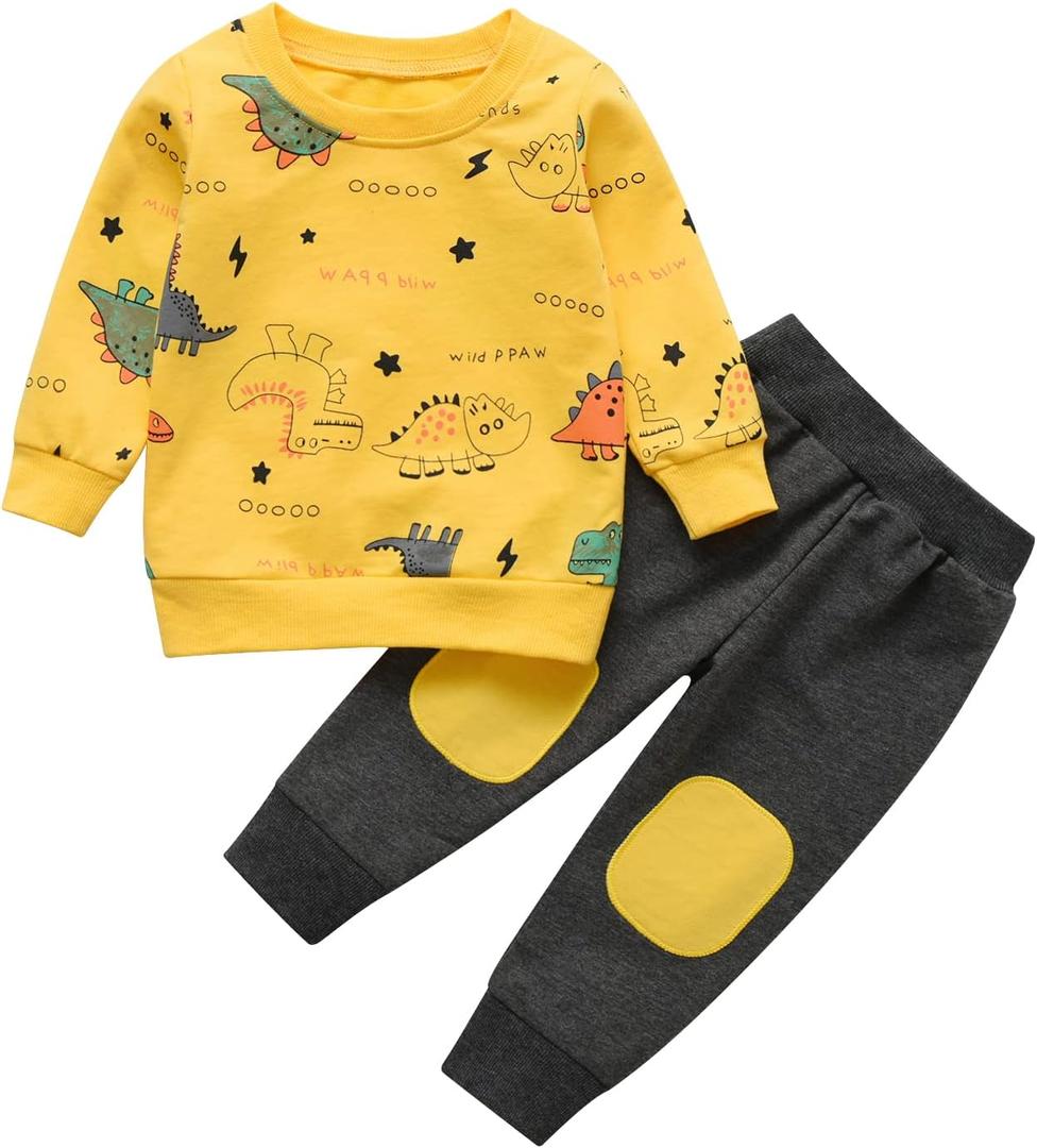 Elspilit Toddler Baby Boy Clothes Animal Style Long Sleeve Tops Sweatsuit Pants Outfits Set (Dark yellow, 12-18 Months)