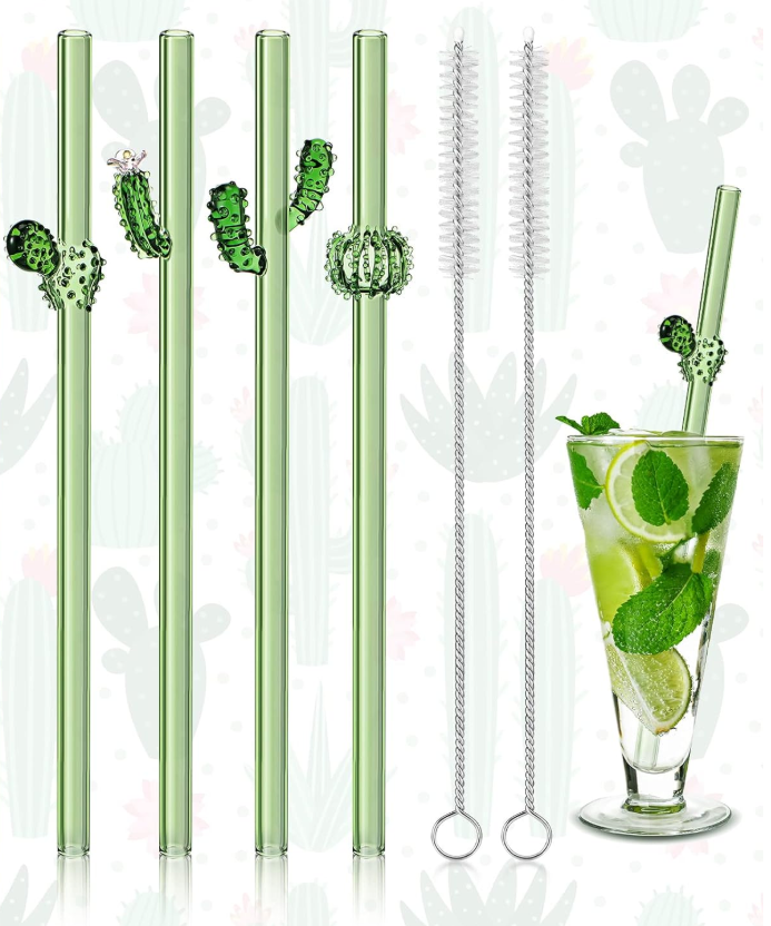 Meanplan 4 Pcs Reusable Glass Straws with Design, 8 mm x 7.9 Inches Cactus on Green Straws with Cleaning Brush for Smoothie Cocktail Juice Shakes Beverages