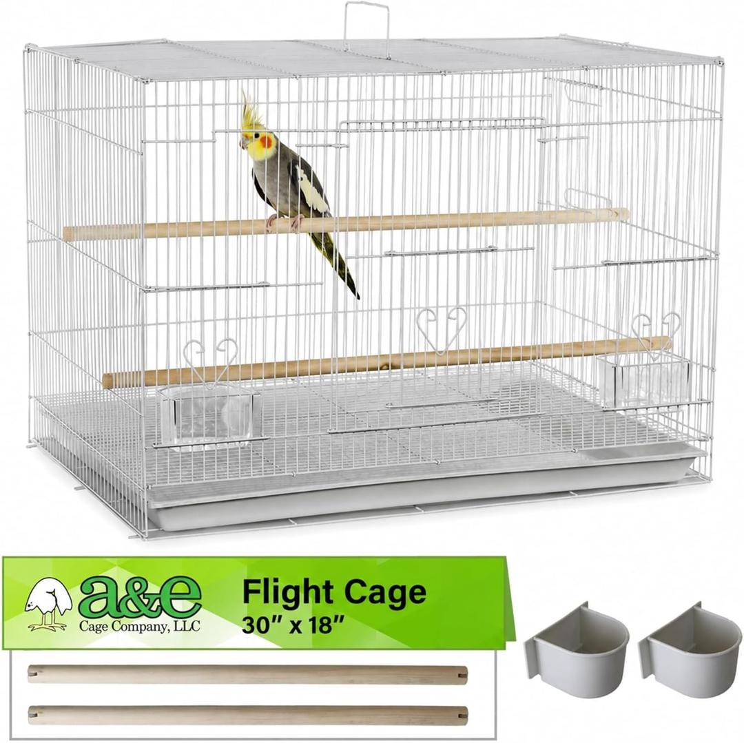 A&E Cage Co 504 Flight Bird Cage for Finches & Parakeets, 30"x18"x18" White | 2 Slide-Up Feeder Doors, Wood Perch, Slide-Out Cleaning Tray, Carry Handle, Safe Bar Spacing for Small Birds