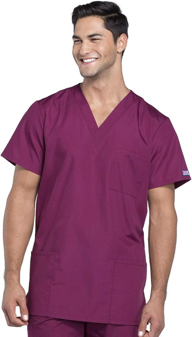 Cherokee Women and Men V-Neck Scrub Top with 3 Pockets 4876 (X-Small, Wine)